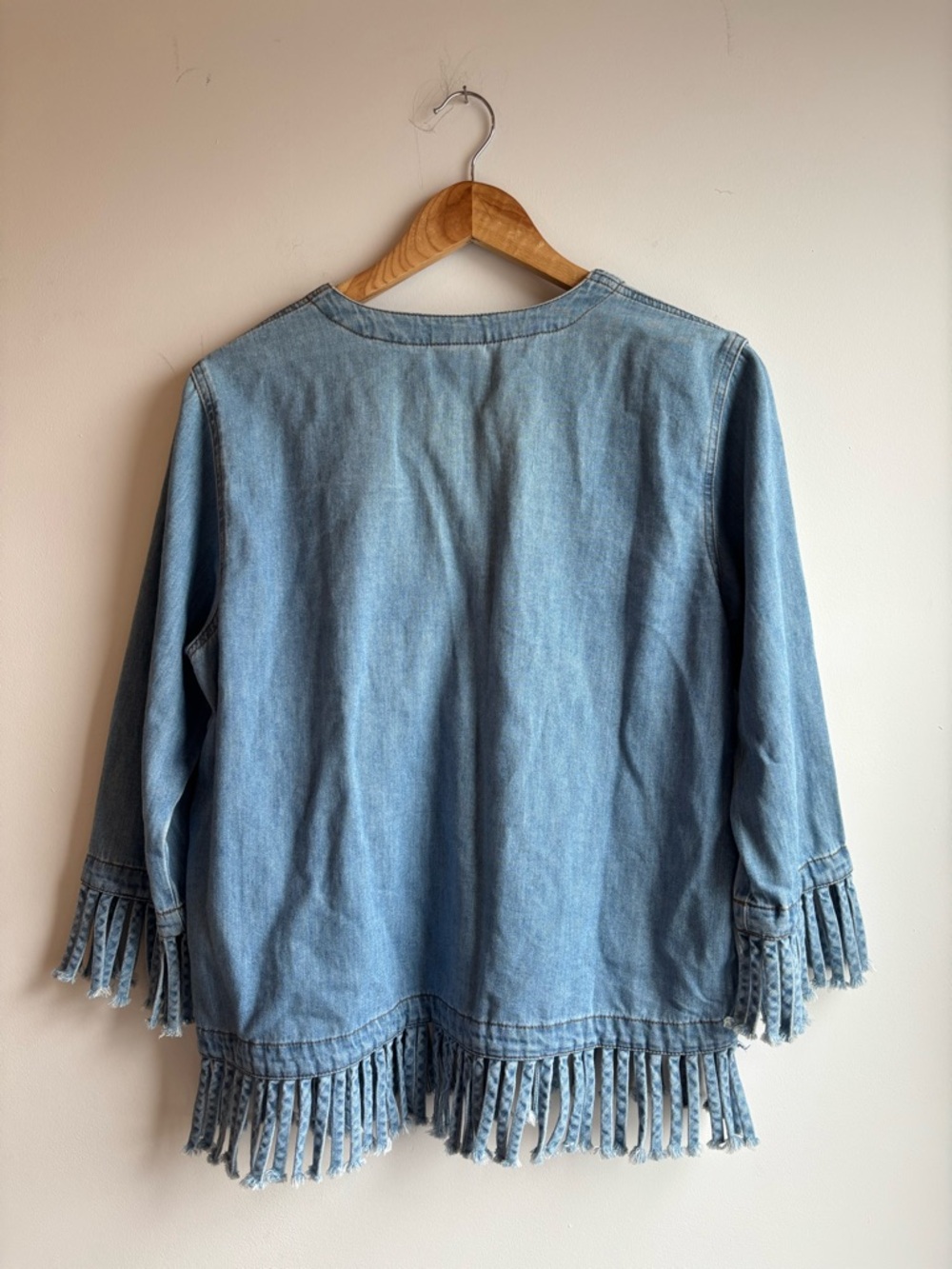 Light Wash Denim Fringe Blouse - Picture 2 of 5